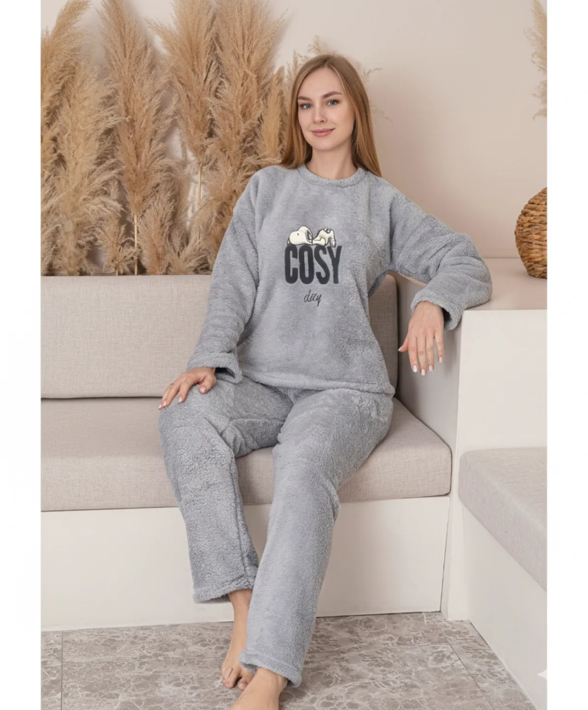 Pijamale damă cocolino gri cu imprimeu „Cosy” - 1