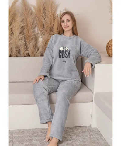 Pijamale damă cocolino gri cu imprimeu „Cosy”