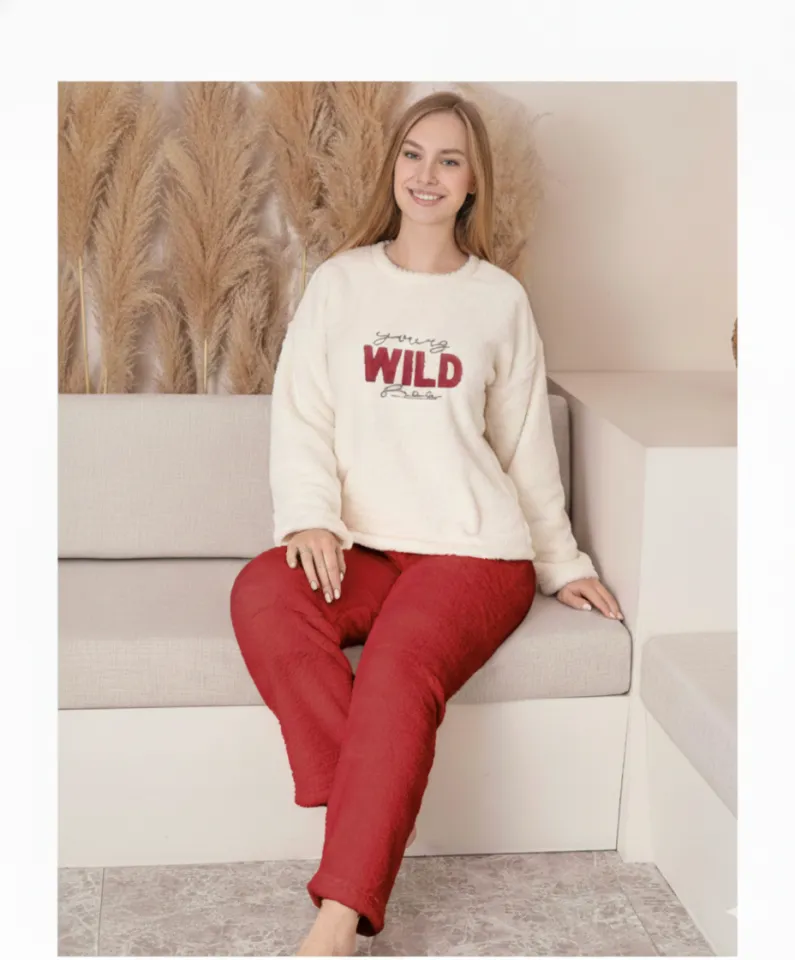 Pijamale damă cocolino alb și roșu cu imprimeu „Wild”