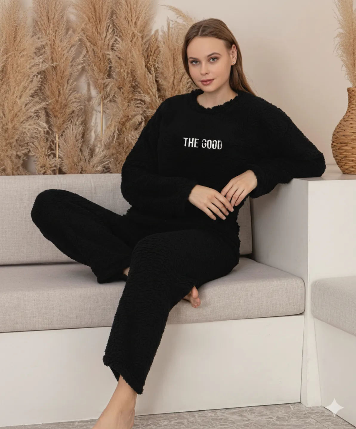 Pijamale damă cocolino negru cu imprimeu „The Good” - 1