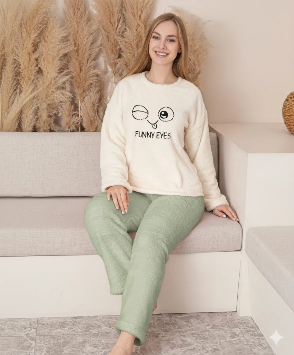 Pijamale damă cocolino alb și verde deschis cu imprimeu „Funny Eyes” - 1