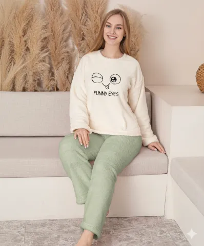 Pijamale damă cocolino alb și verde deschis cu imprimeu „Funny Eyes”