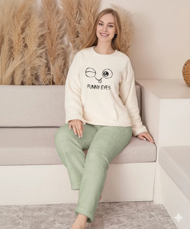 Pijamale damă cocolino alb și verde deschis cu imprimeu „Funny Eyes”