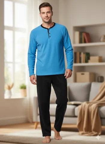 Pijamale bărbați polar albastru și negru cu decolteu cu nasturi