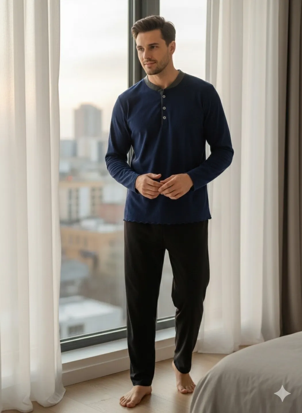 Pijamale bărbați polar albastru închis și negru cu decolteu cu nasturi - 1