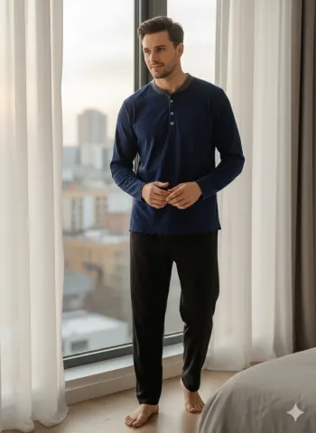 Pijamale bărbați polar albastru închis și negru cu decolteu cu nasturi