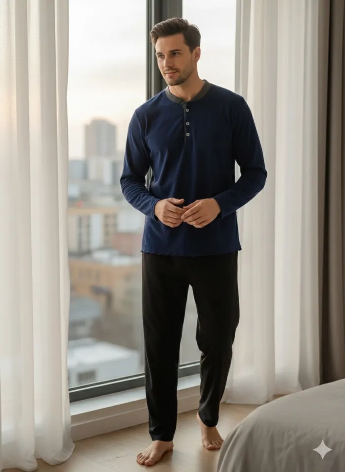 Pijamale bărbați polar albastru închis și negru cu decolteu cu nasturi