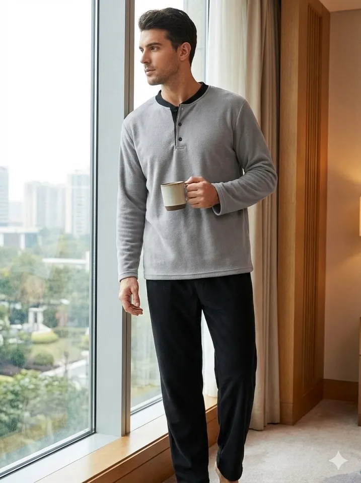 Pijamale bărbați polar gri și negru cu decolteu cu nasturi