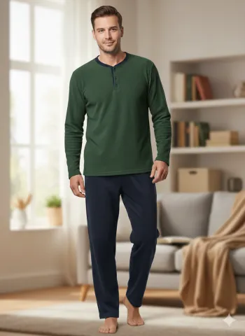 Pijamale bărbați polar verde închis și bleumarin cu decolteu cu nasturi