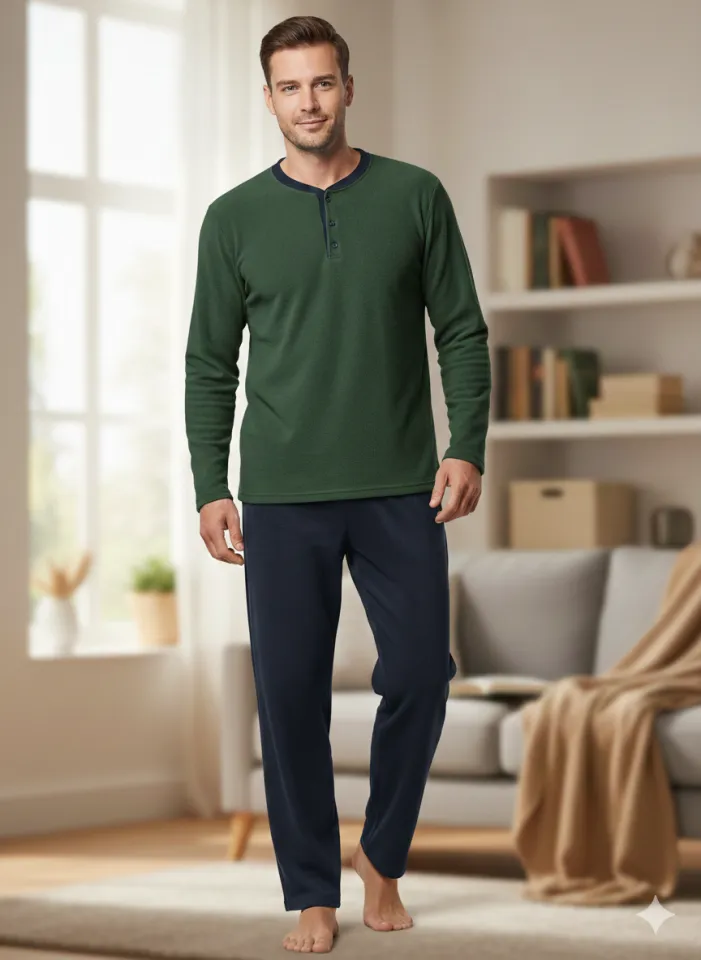 Pijamale bărbați polar verde închis și bleumarin cu decolteu cu nasturi