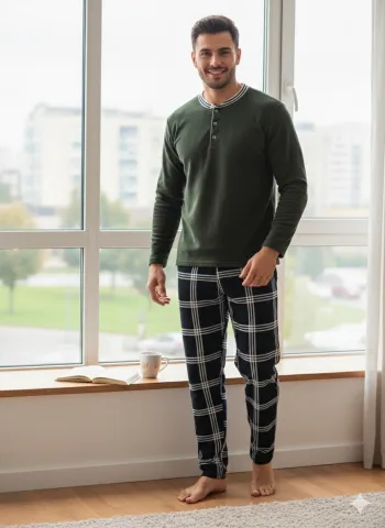 Pijamale bărbați polar kaki și bleumarin în carouri cu decolteu cu nasturi