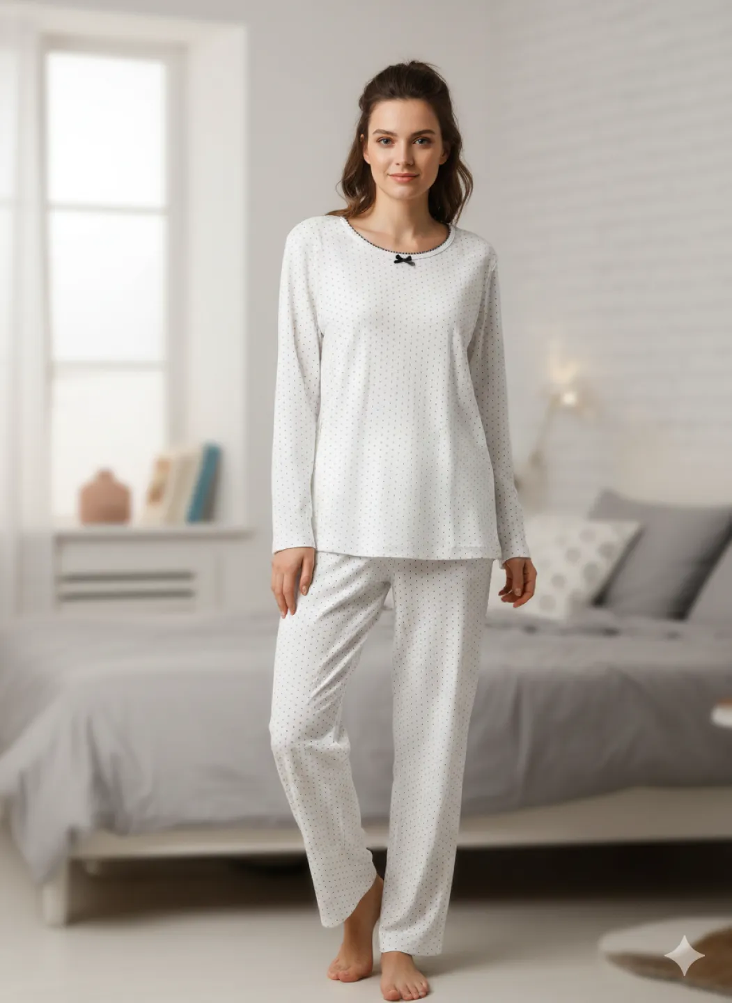 Pijama damă albă cu punctulețe bordo, bluză cu mânecă lungă și fundiță - 1