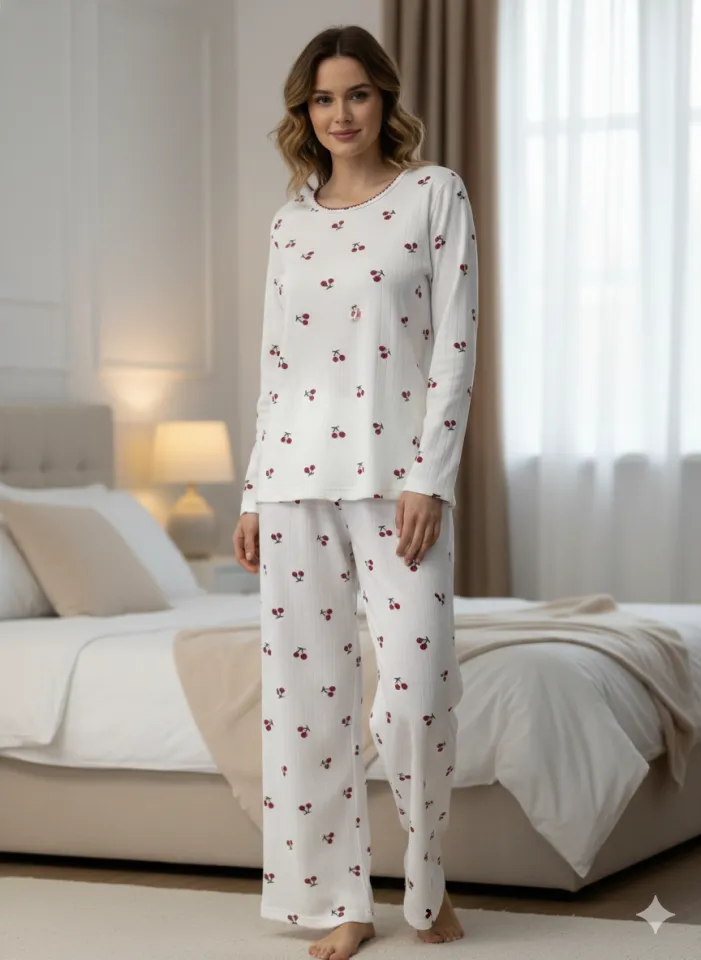 Pijama damă albă cu imprimeu cireșe, bluză cu mânecă lungă și fundiță