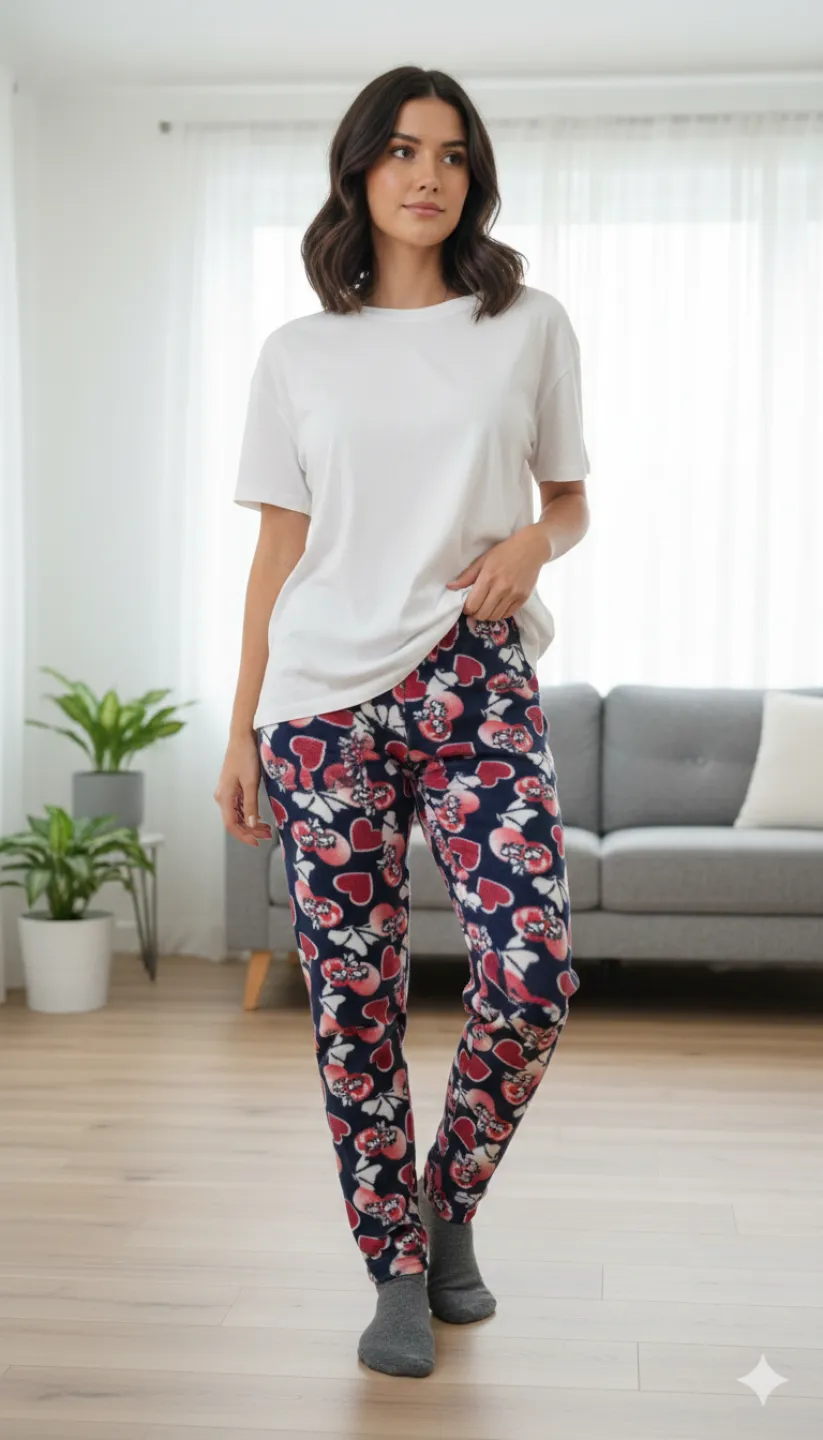 Pantaloni damă din polar bleumarin cu inimioare și fluturi - 1