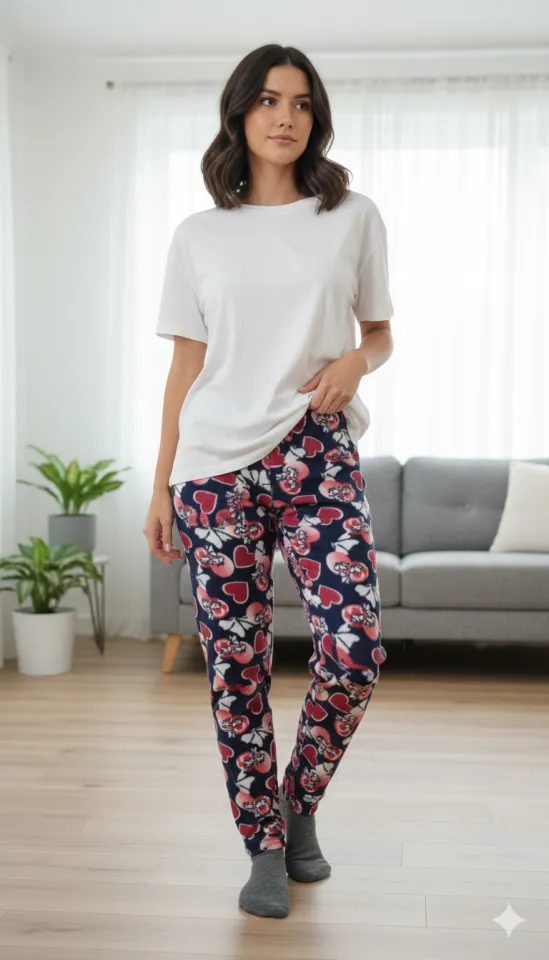 Pantaloni damă din polar bleumarin cu inimioare și fluturi