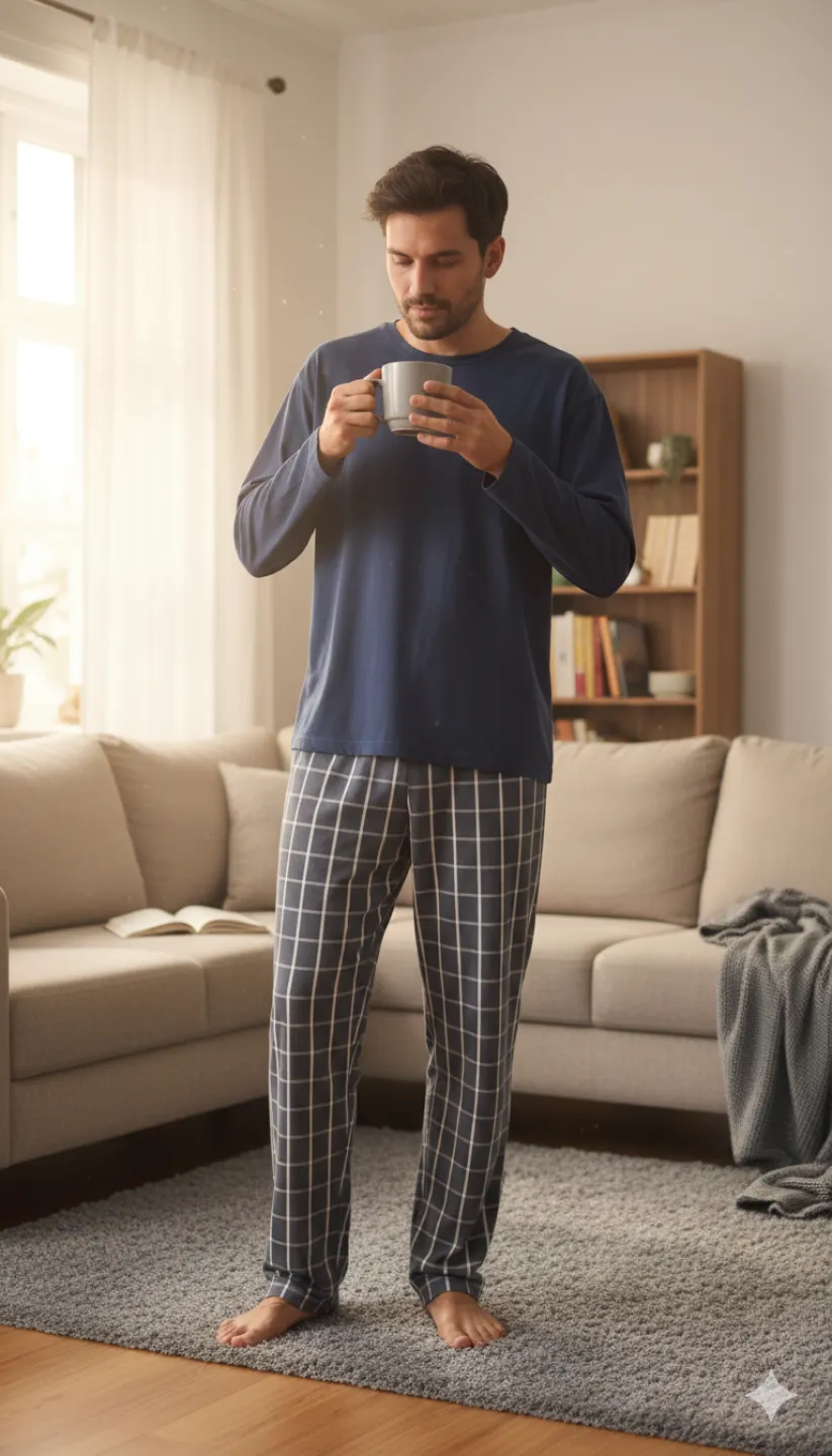 Pantaloni pijama bărbați gri închis cu carouri albe - 1