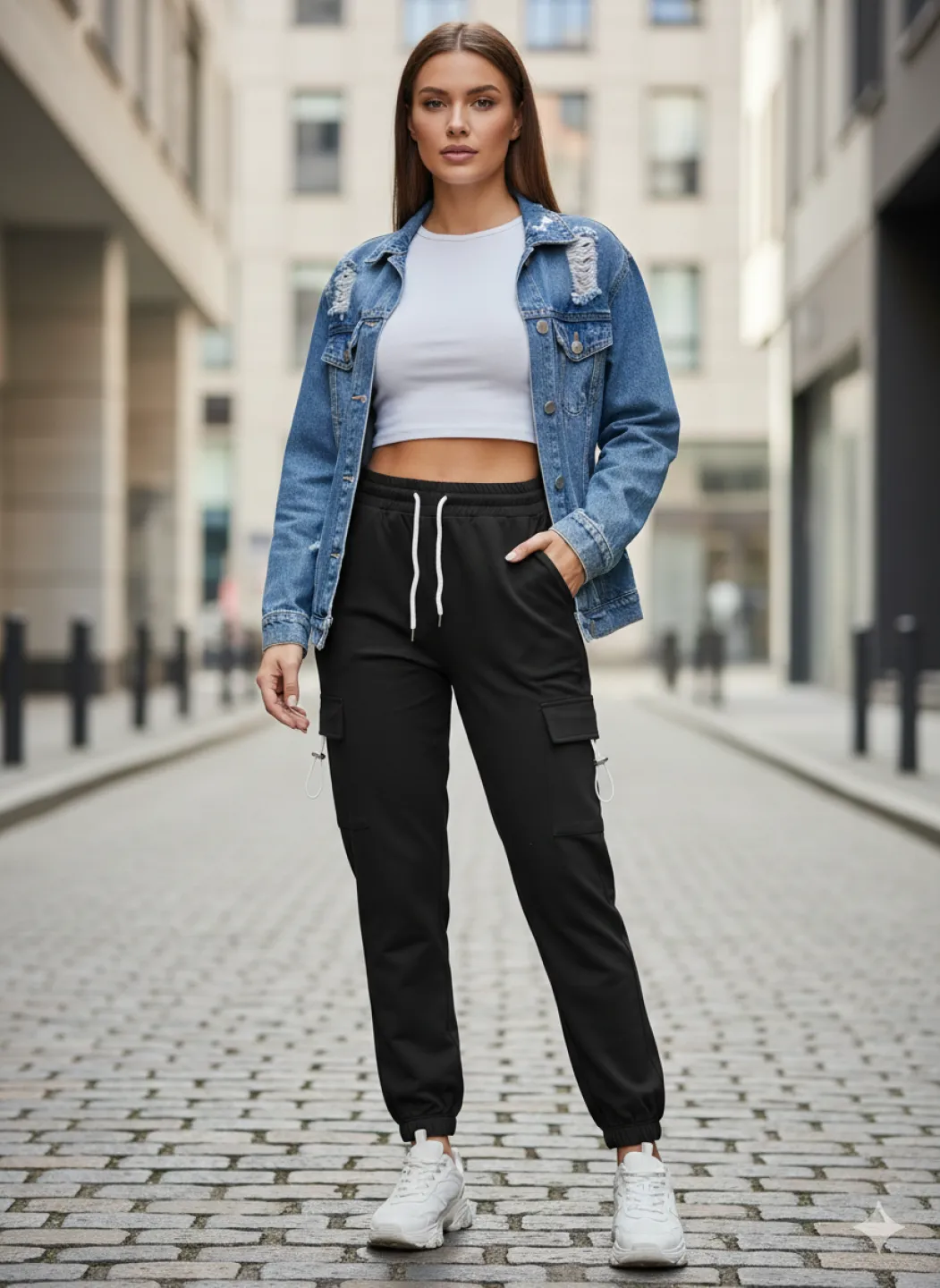 Pantaloni trening damă negri cu buzunare laterale - 1