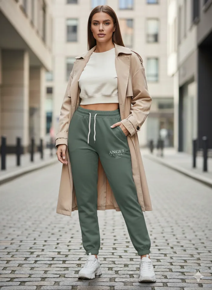 Pantaloni trening damă verzi cu imprimeu „Angel Energy Just Feel It”