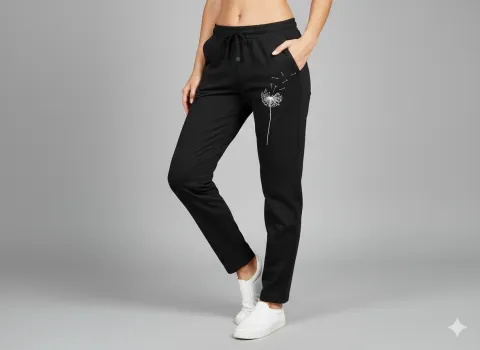 Pantaloni trening damă negri cu imprimeu păpădie