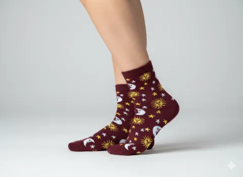 Șosete damă bordo cu imprimeu lună, soare și steluțe