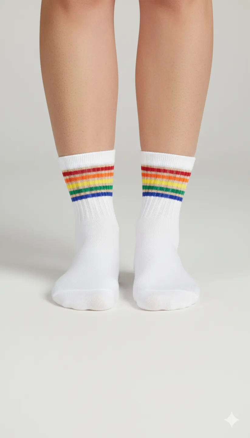 Șosete damă scurte albe cu imprimeu colorat - 1