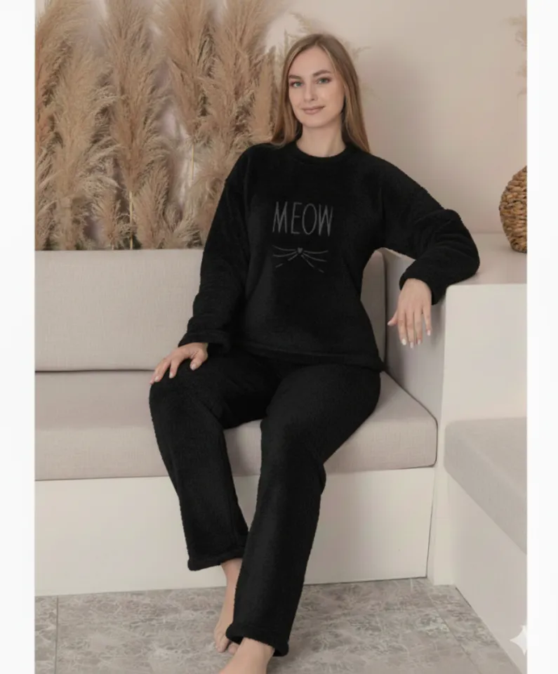 Pijama damă cocolino neagră cu imprimeu „Meow”