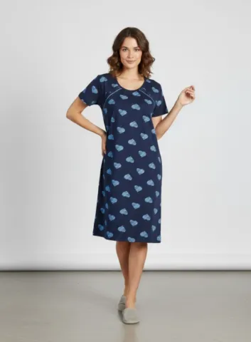 Cămașă pentru alăptat, cu mânecă scurtă, bleumarin cu inimioare