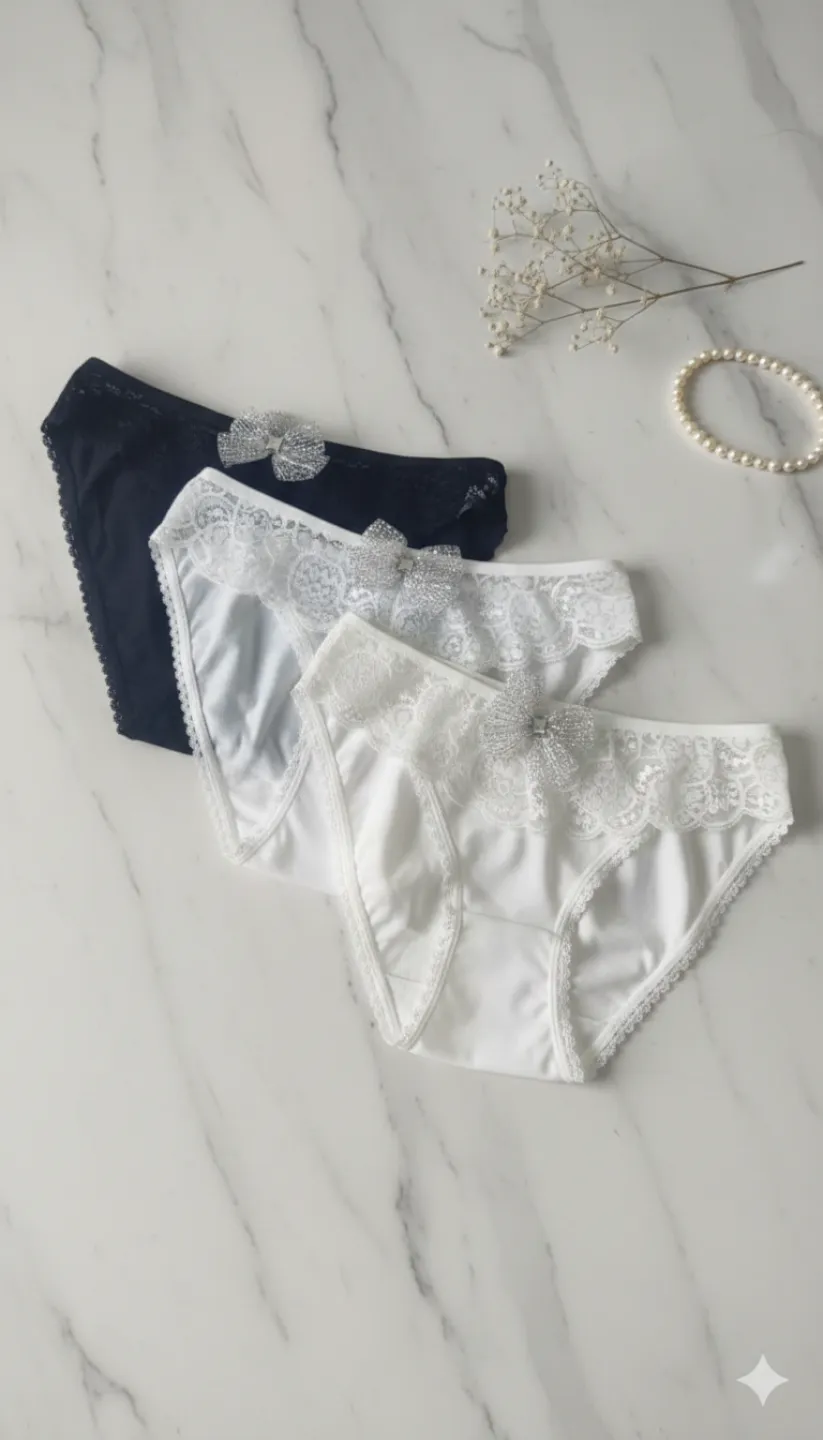 Set 3 chiloți damă clasici, cu dantelă și floare decorativă - 1