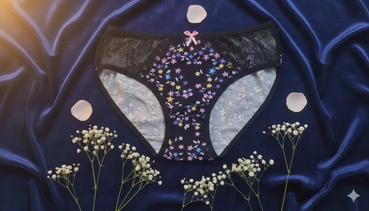 Chiloți damă clasici negri, cu flori colorate și dantelă - 1