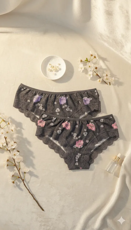 Set 2 chiloți damă brazilieni gri închis, cu dantelă laterală și imprimeu floral