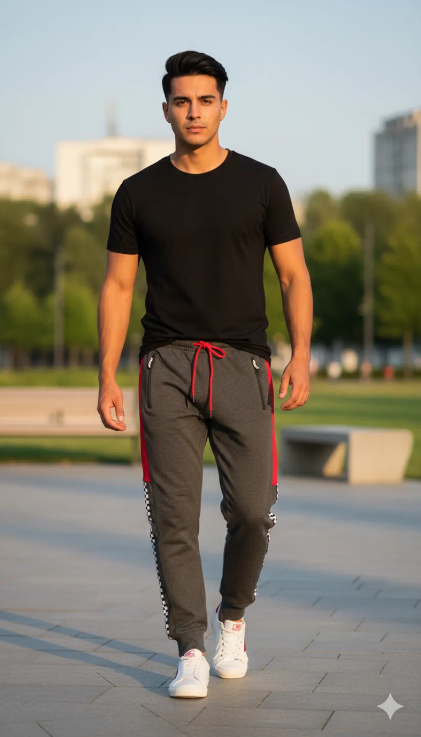 Pantaloni de trening bărbați gri închis, model șah cu detalii roșii - 1