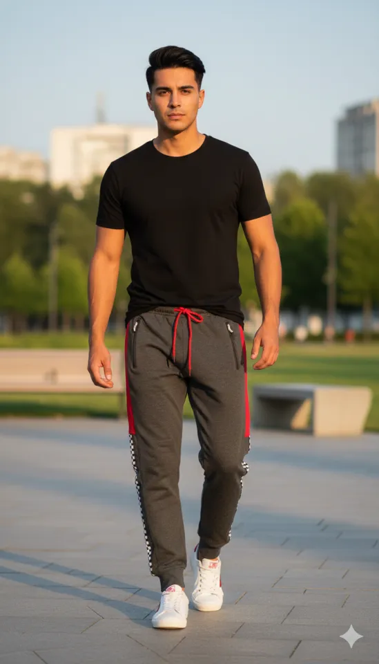 Pantaloni de trening bărbați gri închis, model șah cu detalii roșii