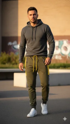 Pantaloni de trening bărbați verzi cu detalii galbene și model șah