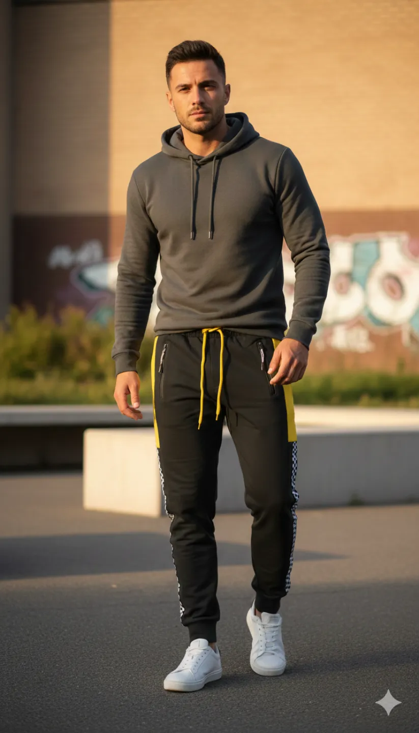 Pantaloni de trening bărbați negri cu detalii galbene și model șah - 1