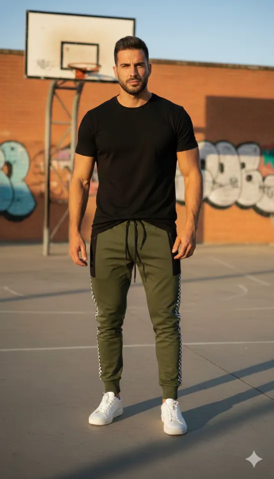 Pantaloni de trening bărbați verzi cu detalii negre și model șah