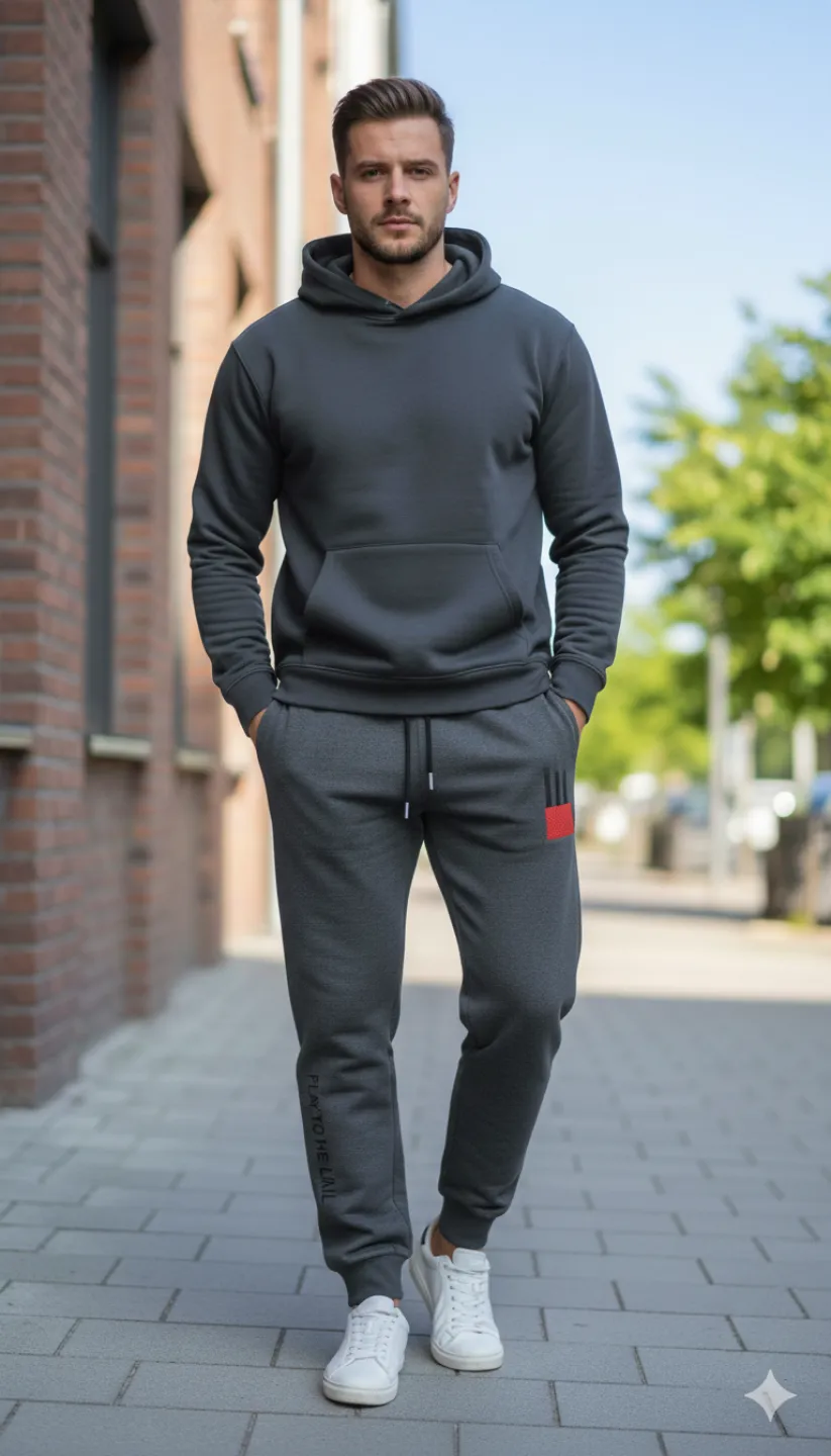 Pantaloni de trening bărbați gri închis cu detalii roșii și imprimeu „PLAY TO THE LIMIT” - 1