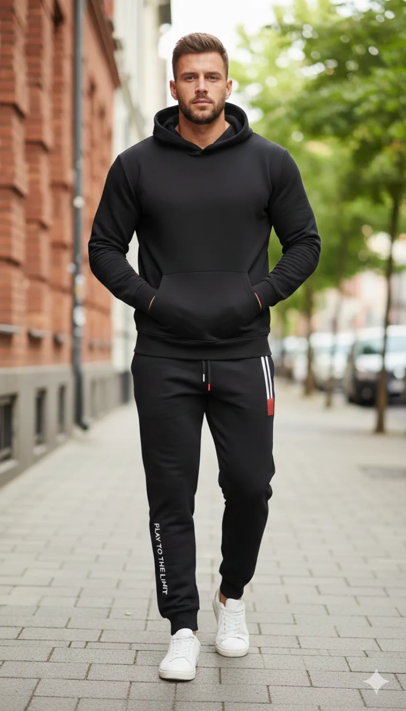 Pantaloni de trening bărbați negri cu detalii roșii, dungi albe și imprimeu „PLAY TO THE LIMIT” - 1