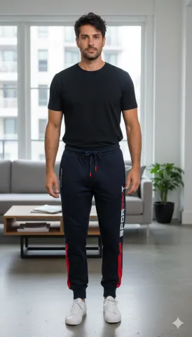 Pantaloni de trening bărbați bleumarin cu detalii roșii și albe, imprimeu „SPORT NASA”