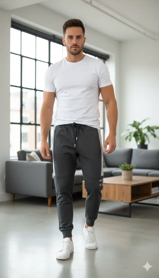 Pantaloni de trening bărbați gri închis cu detalii gri deschis, imprimeu „YOU ARE STRONGER”