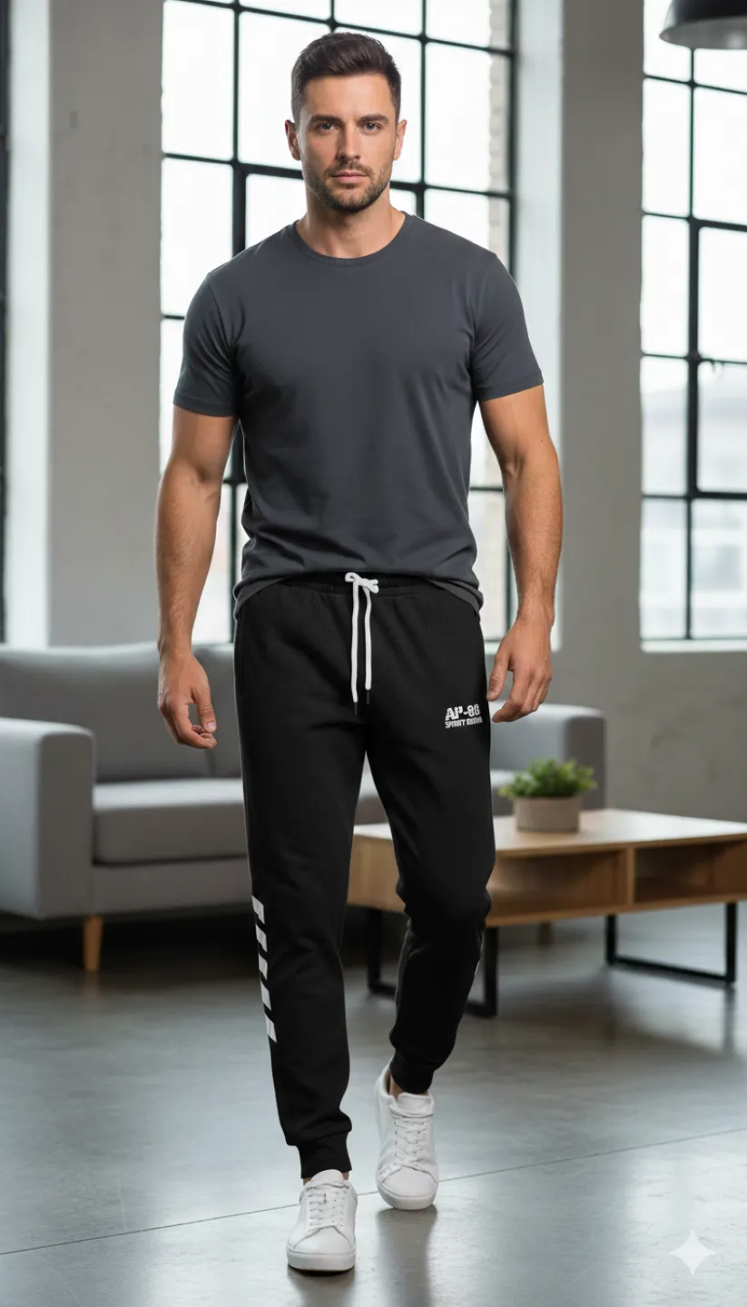 Pantaloni de trening bărbați negri cu detalii albe, imprimeu „SPORT DENIM” - 1