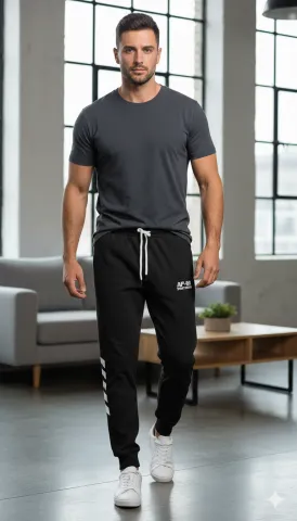 Pantaloni de trening bărbați negri cu detalii albe, imprimeu „SPORT DENIM”