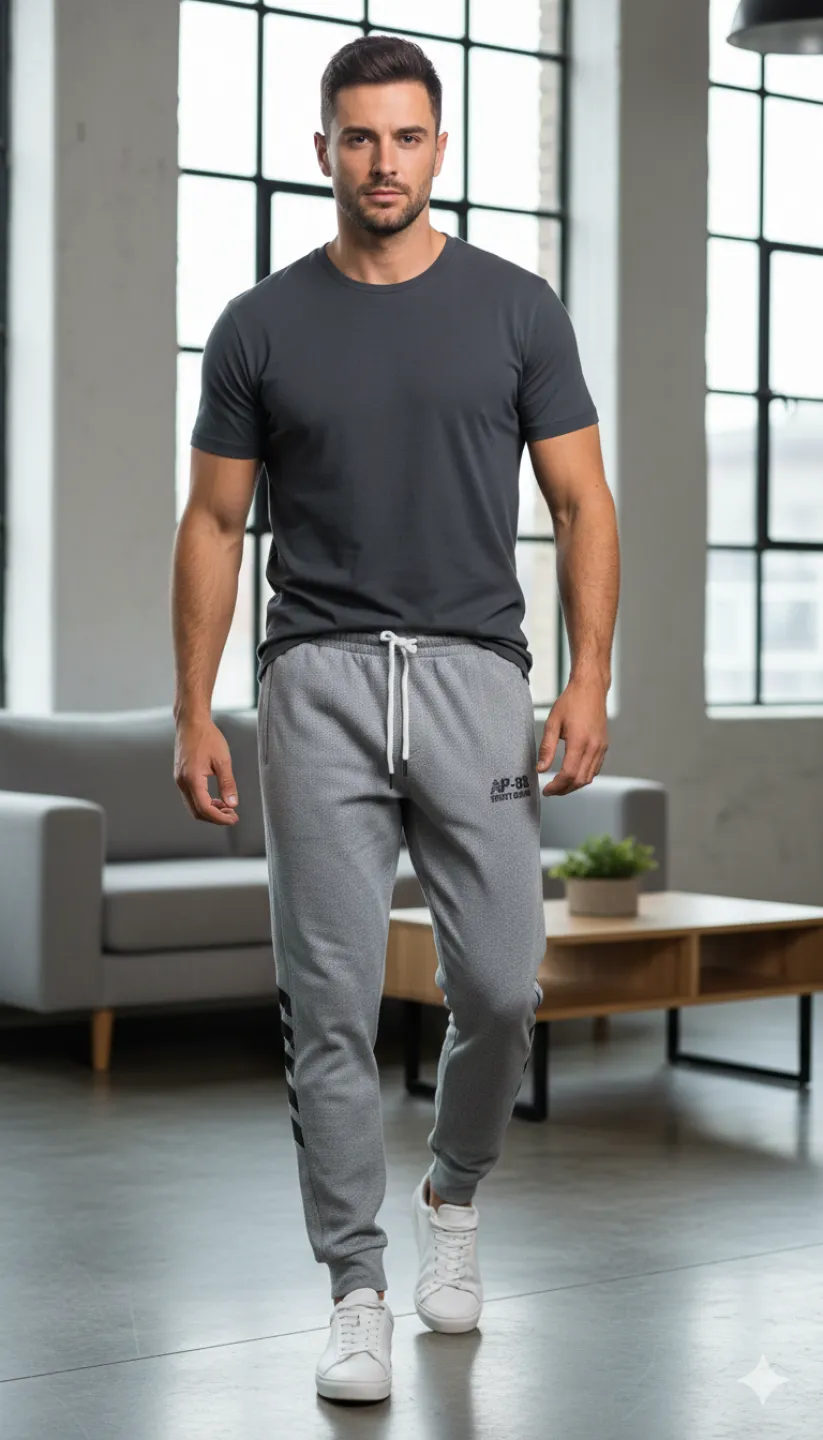 Pantaloni de trening bărbați gri cu detalii negre, imprimeu „SPORT DENIM” - 1