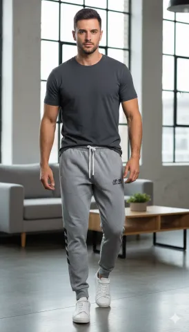 Pantaloni de trening bărbați gri cu detalii negre, imprimeu „SPORT DENIM”