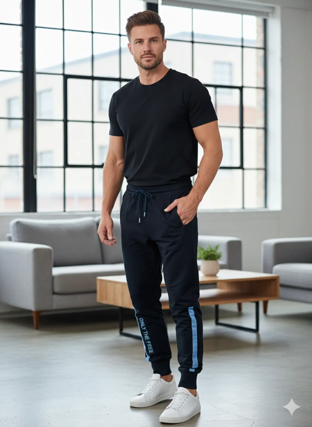 Pantaloni de trening bărbați bleumarin cu imprimeu „ONLY THE FREE” - 1