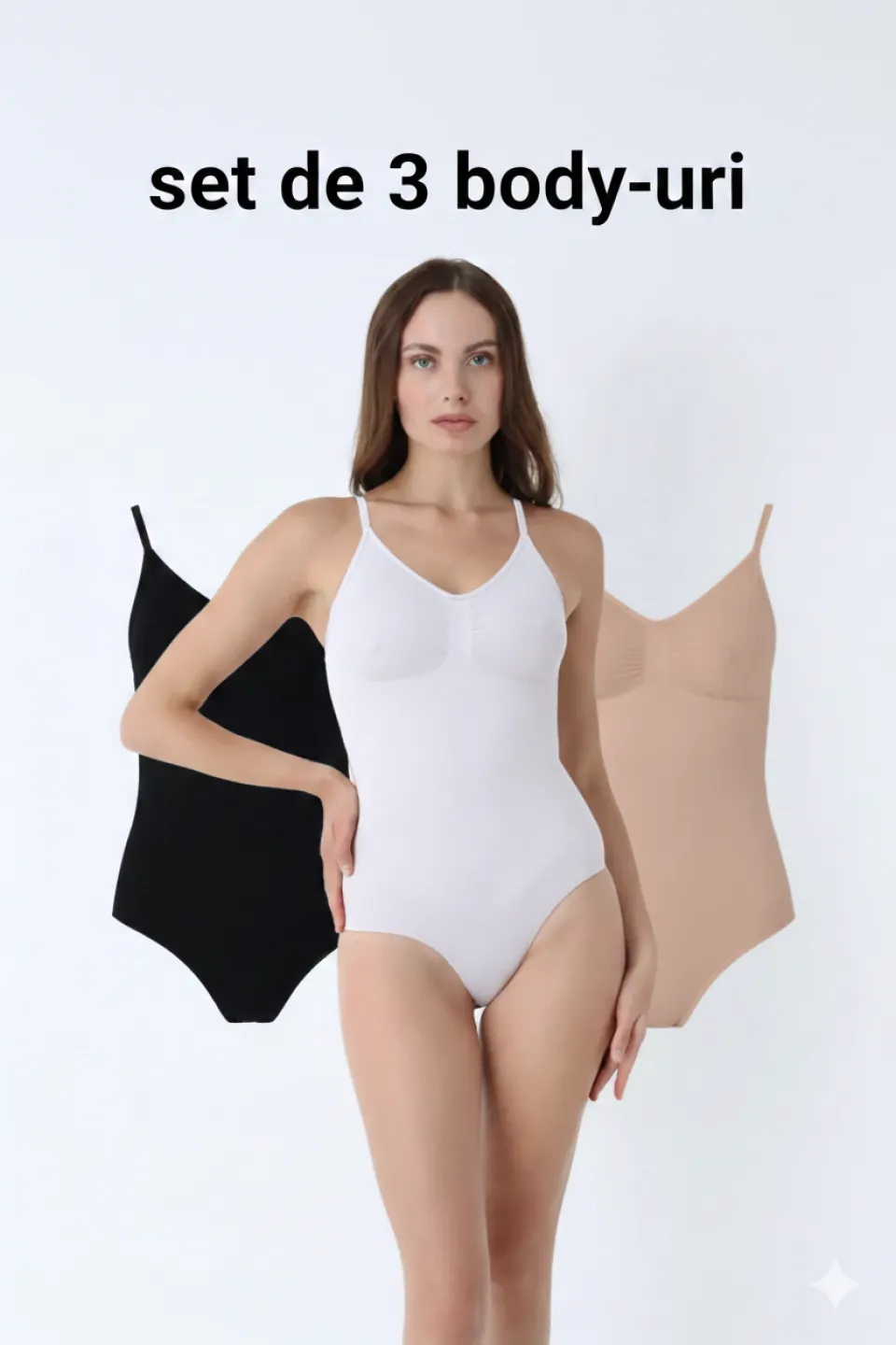 Set 3 body-uri damă tip tanga, bretele reglabile – alb, bej, negru - 1