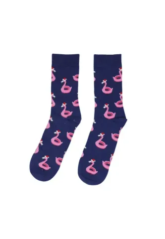 Șosete damă fără cusătură bleumarin cu imprimeu flamingo