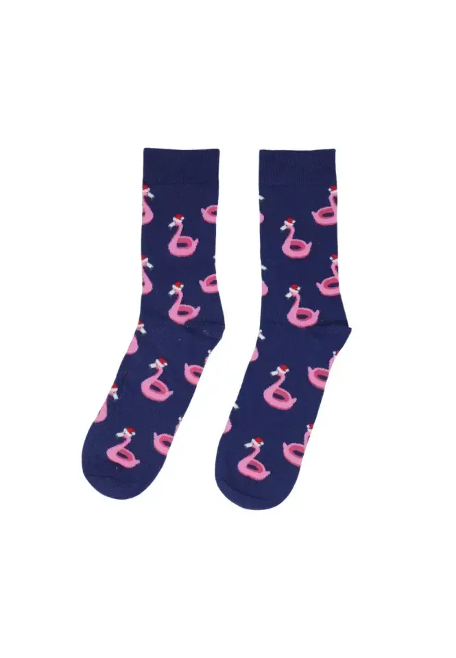 Șosete damă fără cusătură bleumarin cu imprimeu flamingo