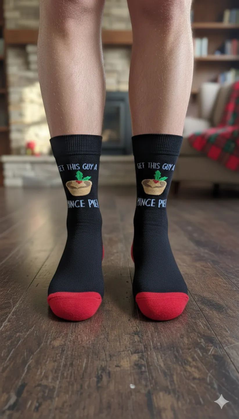 Șosete lungi bărbați negre cu detalii roșii „GET THIS GUY A MINCE PIE!” - 1