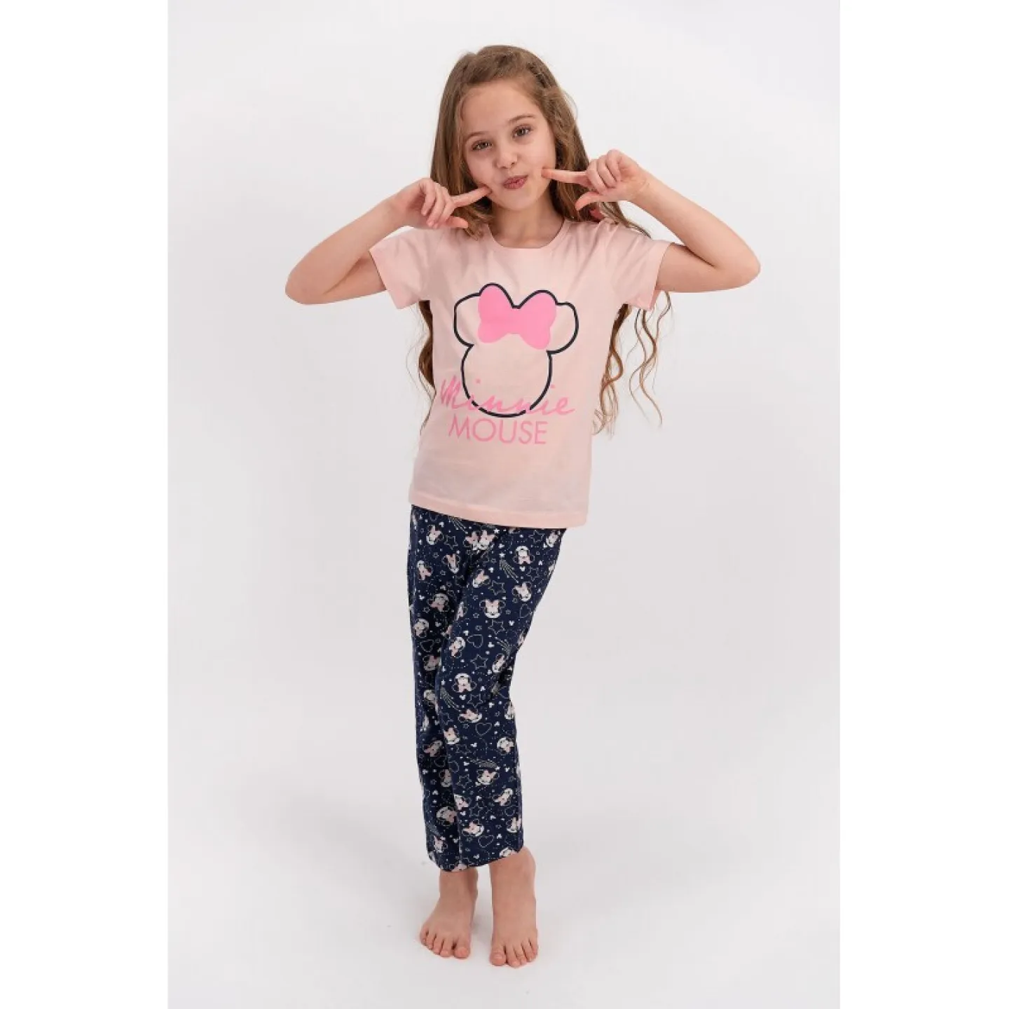 Pijamale pentru copii Minnie Mouse, bluza cu mânecă scurtă și pantalon lung, culoare somon - 1