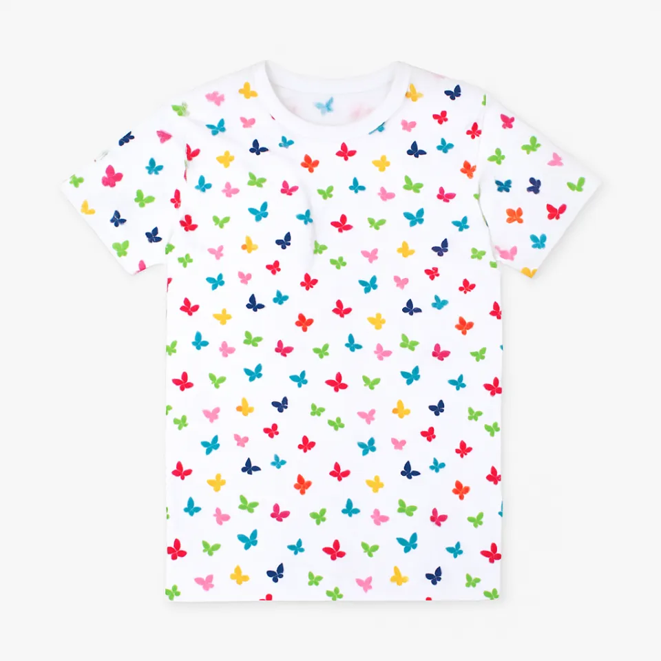 Tricou pentru fetițe, din bumbac, imprimeu fluturi, alb